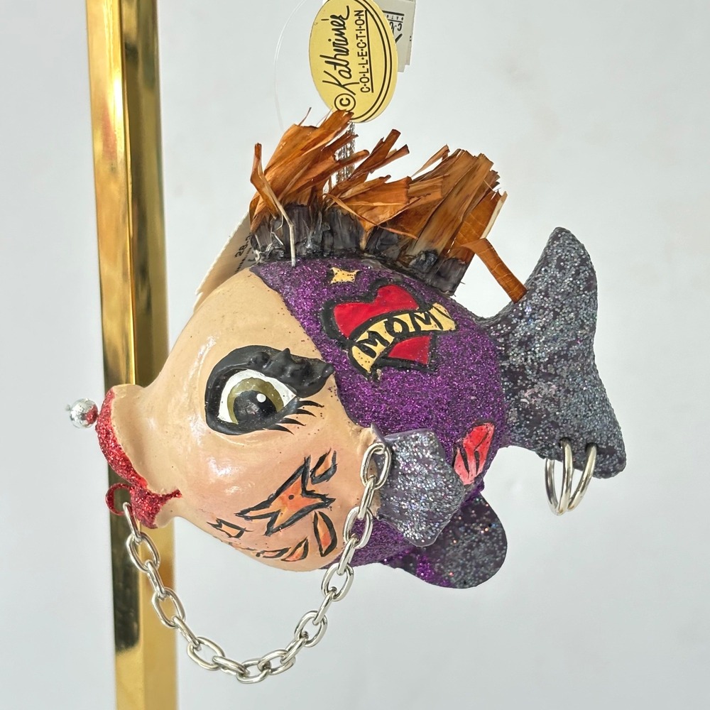 Katherine's Collection Kissing Fish Ornament Punk Rock Tattoo Glitter Mohawk 4"